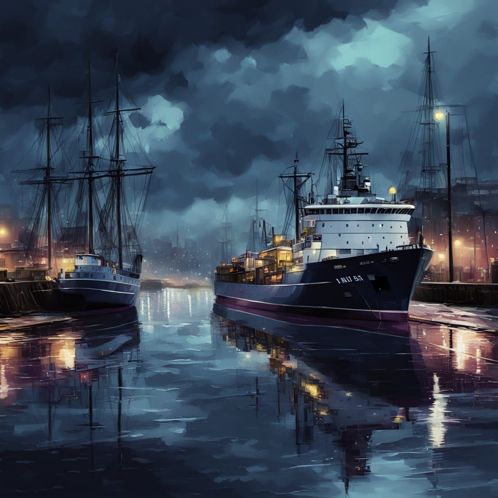 Moody Seaport Evening Digital Painting with Rainy Reflection...