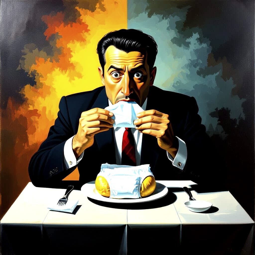 Surrealist Oil Painting of Man Eating Diaper