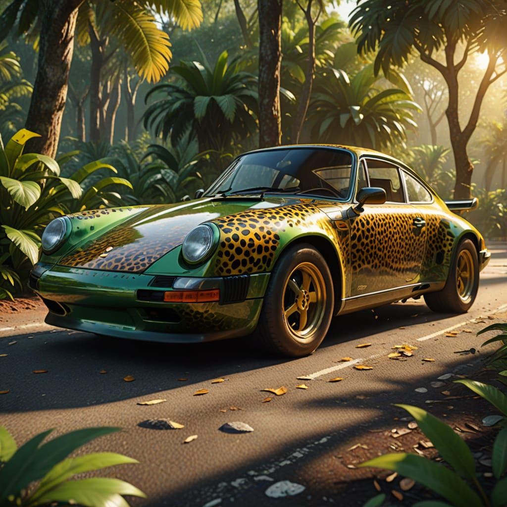 Leopard Porsche in Jungle: Hyper-Realistic 3D Rendering