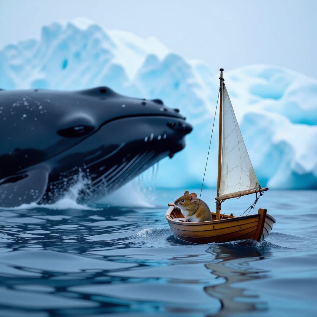 Mouse Navigates Icy Waters Beside Giant Whale