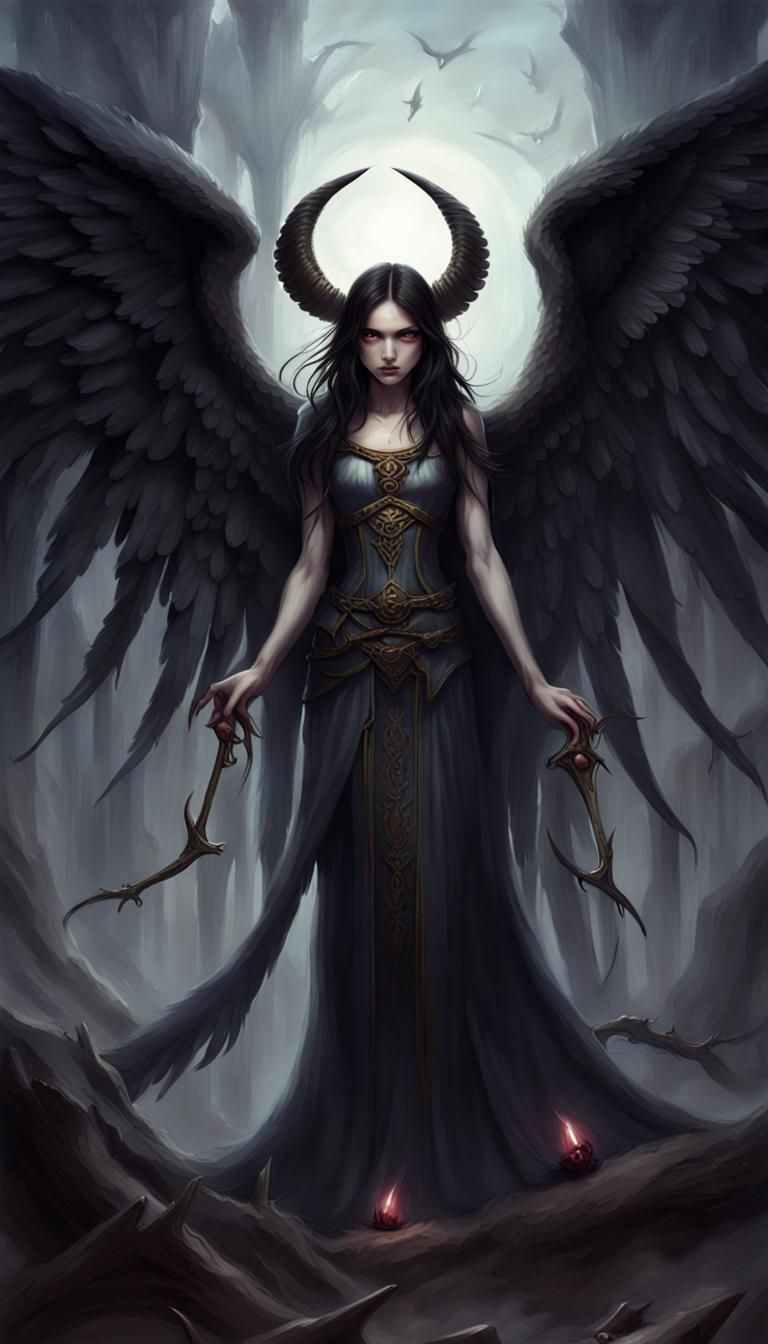 Dark-Haired Angel of Death With Horns