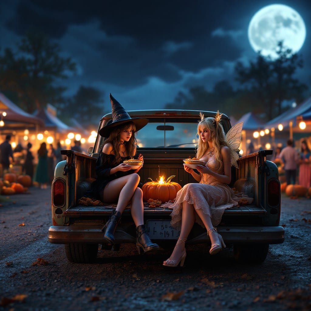 Halloween Market Scene: Girls in Truck Eating Pie