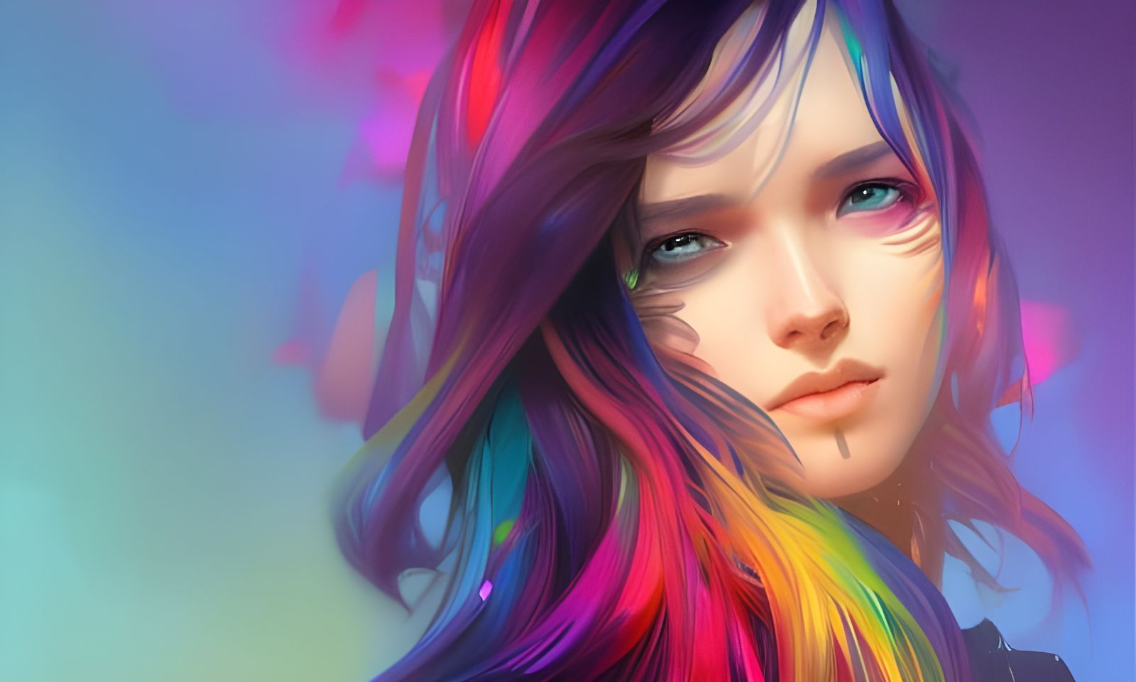 Rainbow Hair Portrait in Hyperdetailed Splash Art