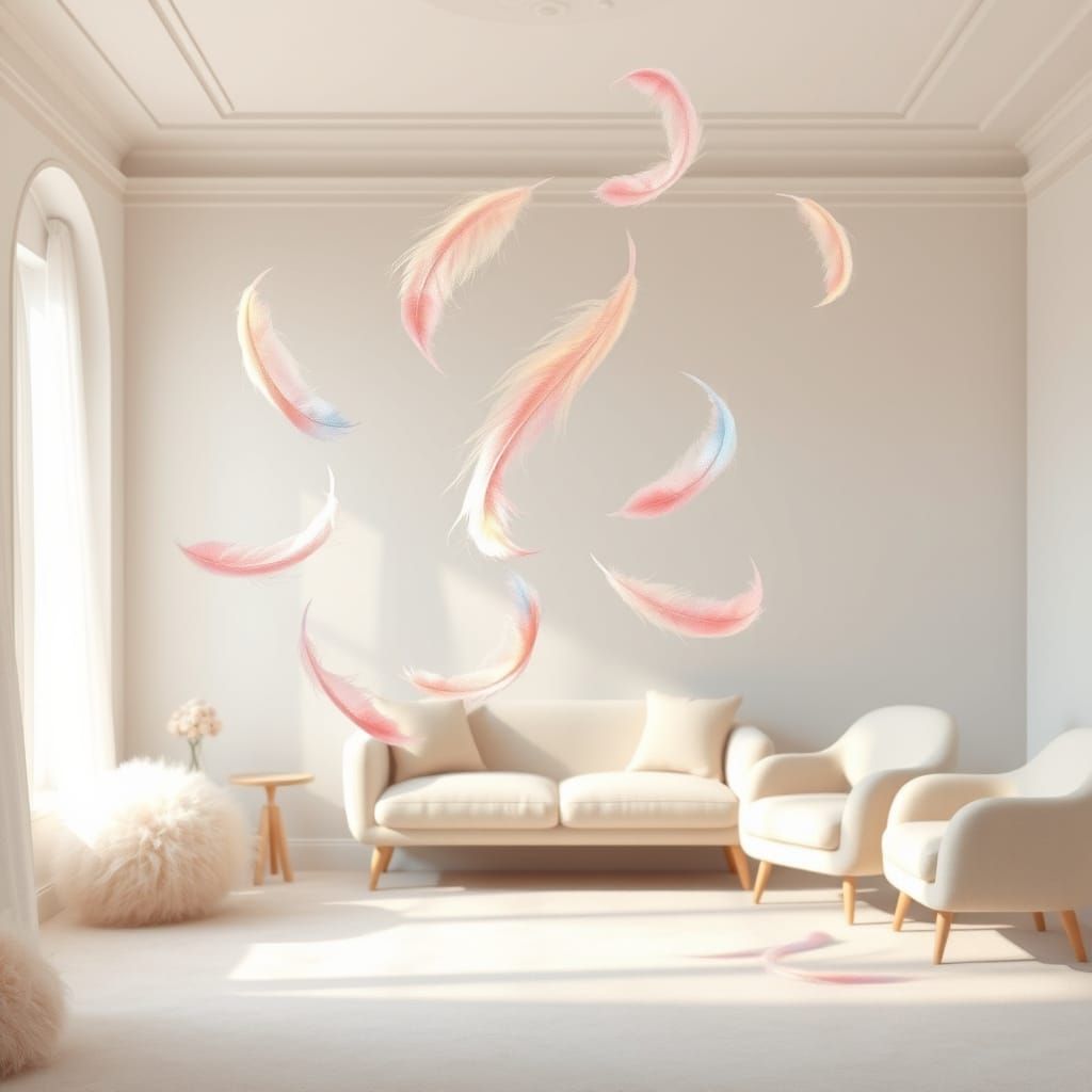 Whimsical Feathers Dance in Soft, Serene Room