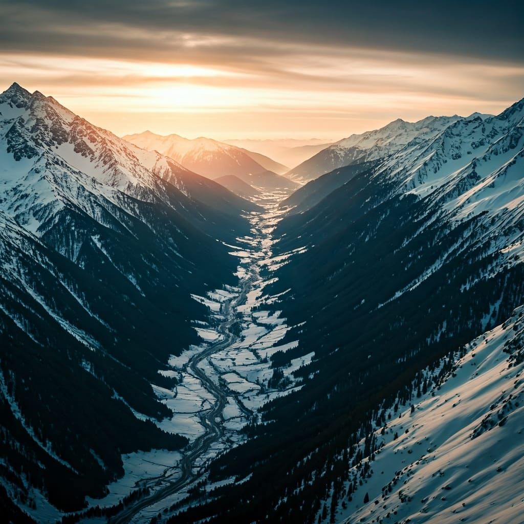 Snowy Valley with Mountains, Drone Perspective, 4K