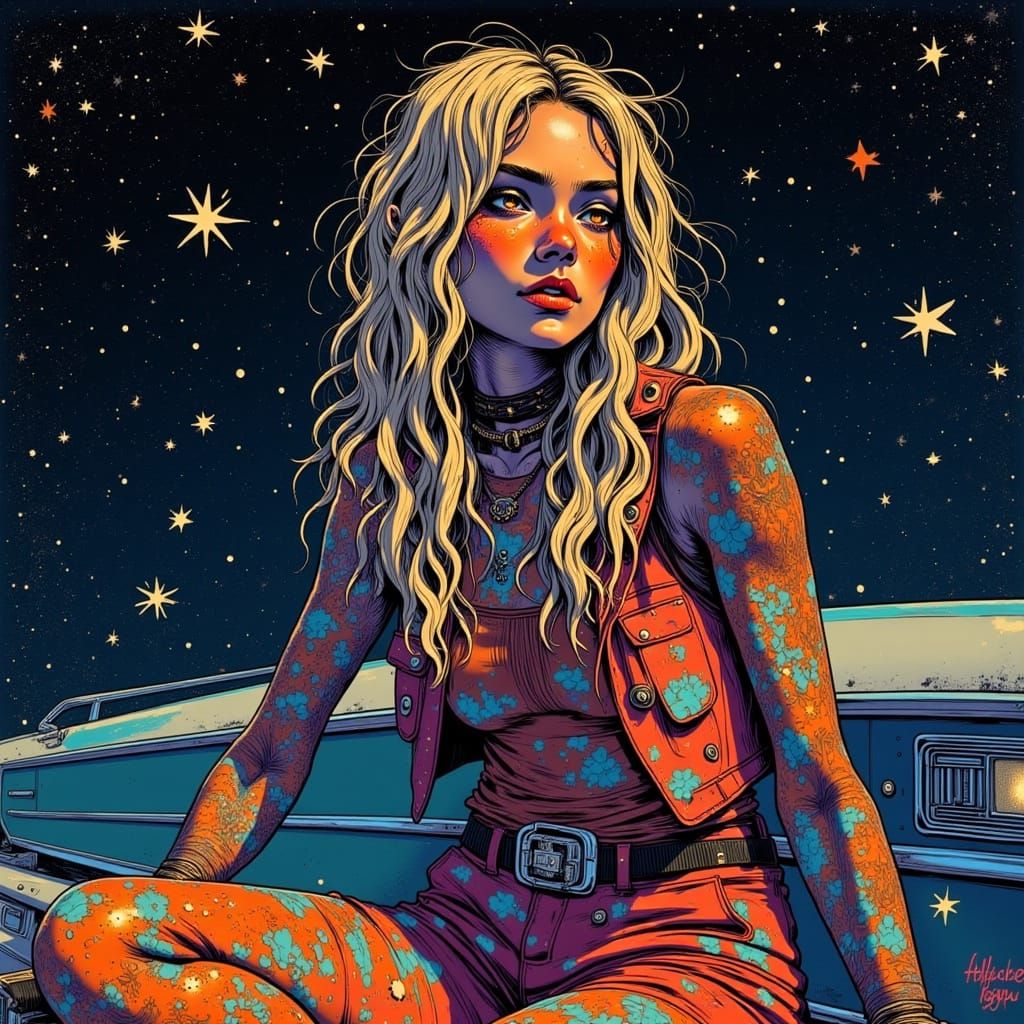 Woman Under Starry Night in Retro Trashpunk Style
