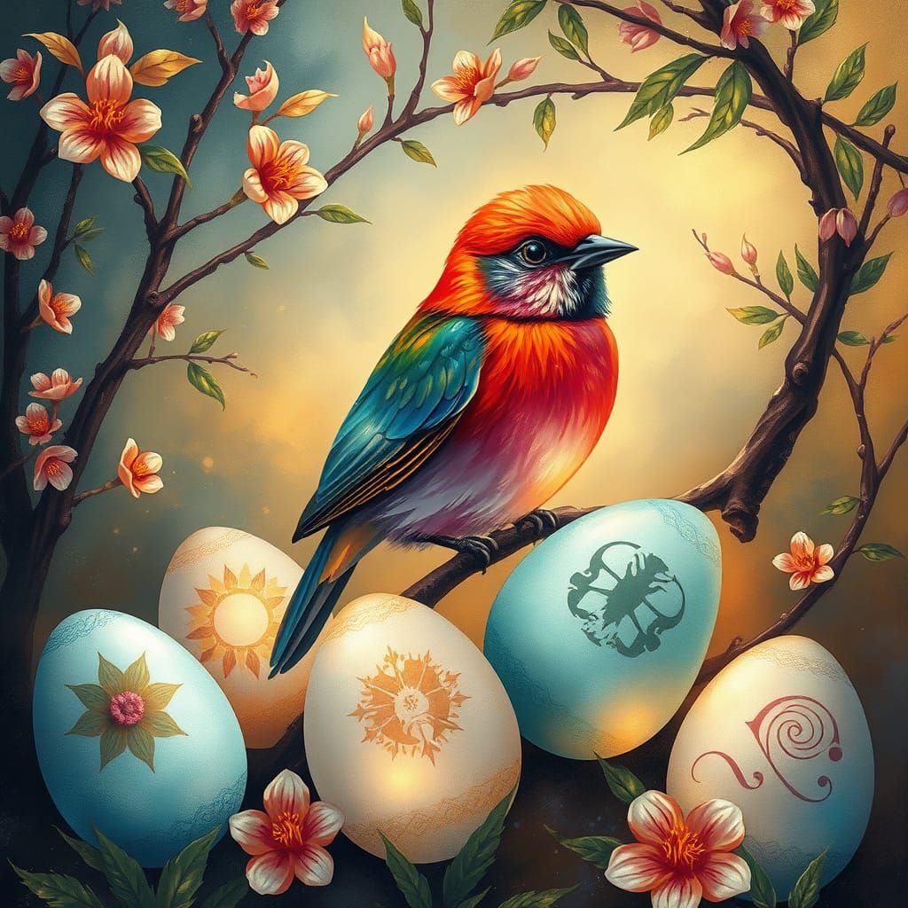 Mystical Easter Egg Landscape in Dreamy Watercolor Style