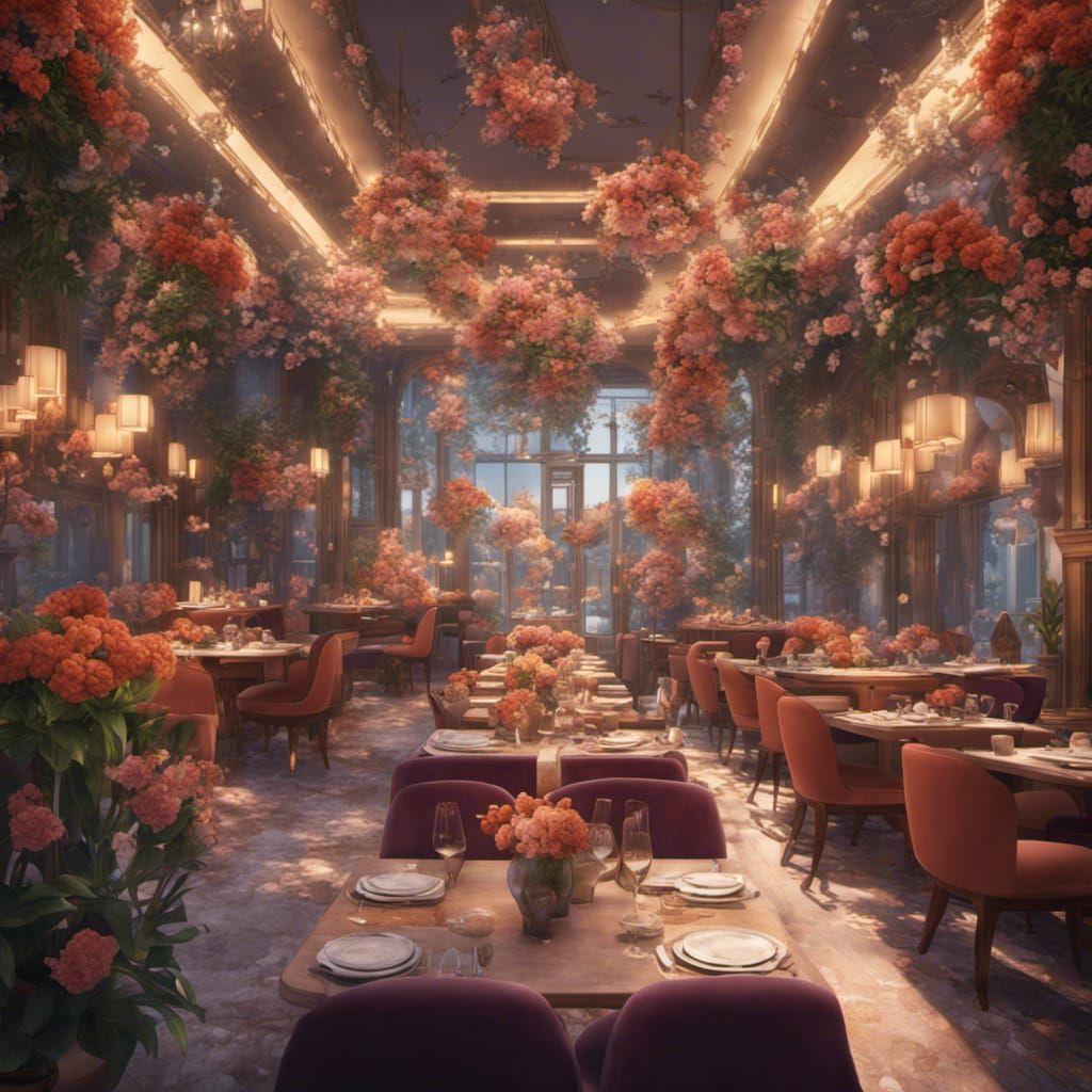 Restaurant Overrun with Flowers: Hyperdetailed Concept Art