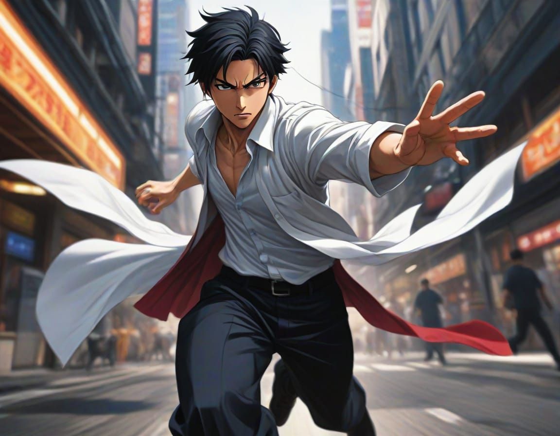 Anime Man Mid-Dodge in Dynamic Japanese Manga Style