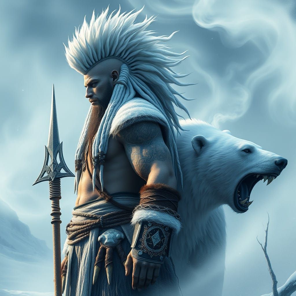 Nordic Tribal Warrior Battles Polar Bear in Ethereal Snowsca...