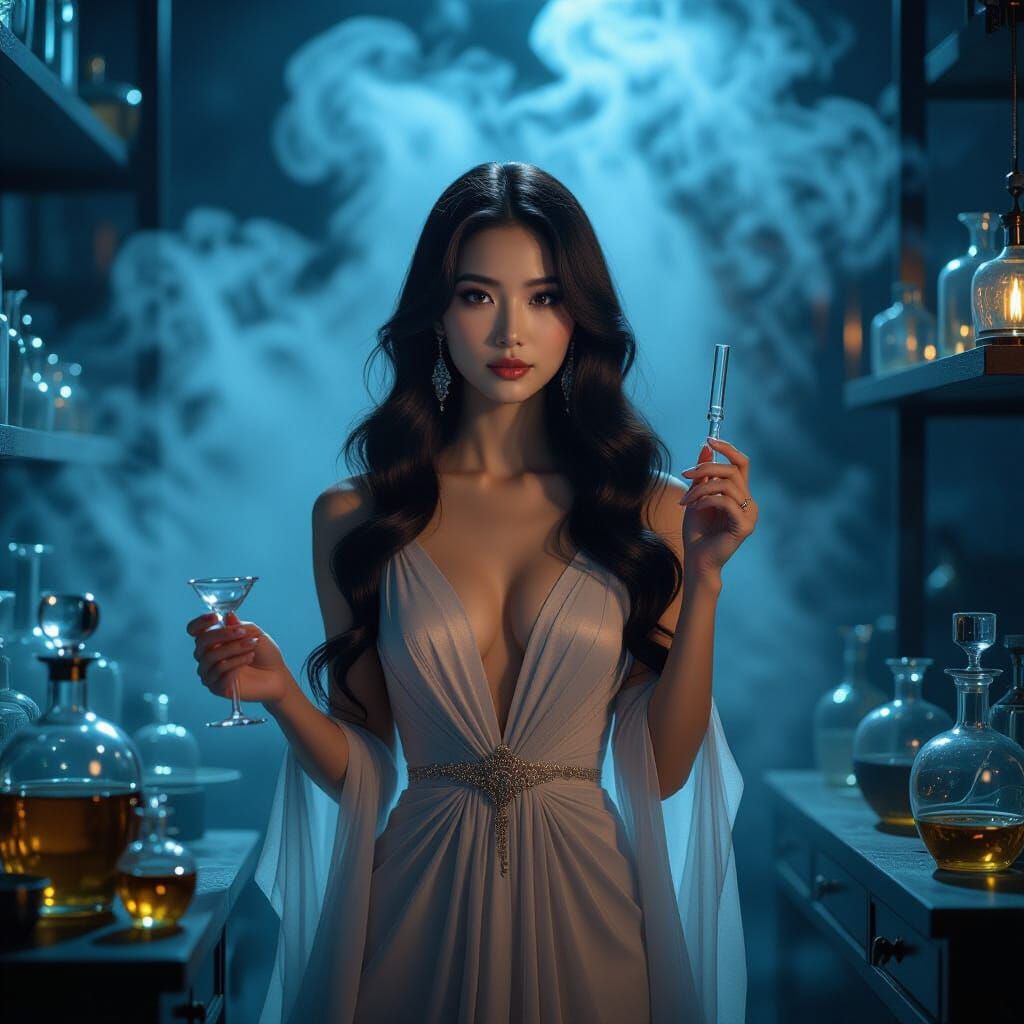 East Asian Woman in Moody Perfumery Atelier, Art Nouveau Sty...