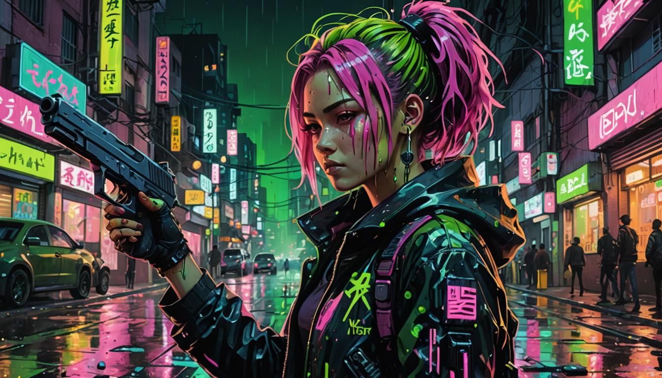 Cyberpunk Anime Woman with Gun in Neon City