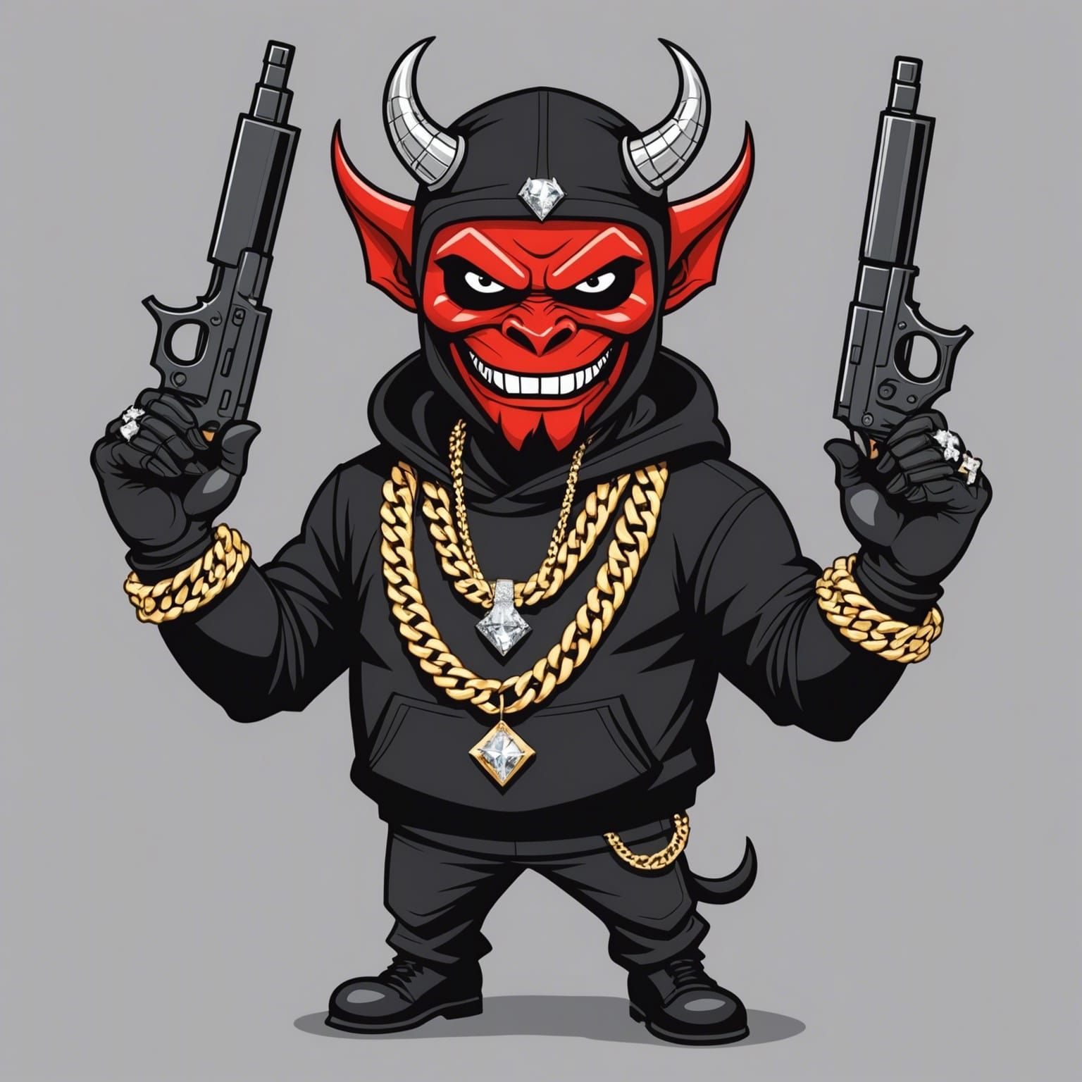 Cartoon Devil with Diamond Chain and Pistols