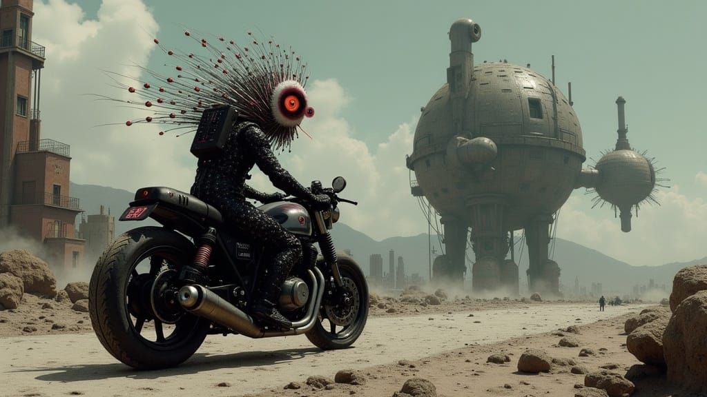 In a dystopian, Martian landscape, a deformed Humanoid Clownfish with Demon-like features, wearing a tattered, Vitreous ...