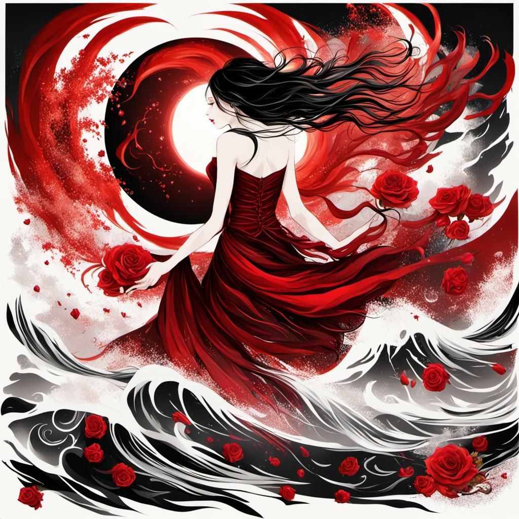 Passionate Figure Swirling in Fiery Red Moonlight