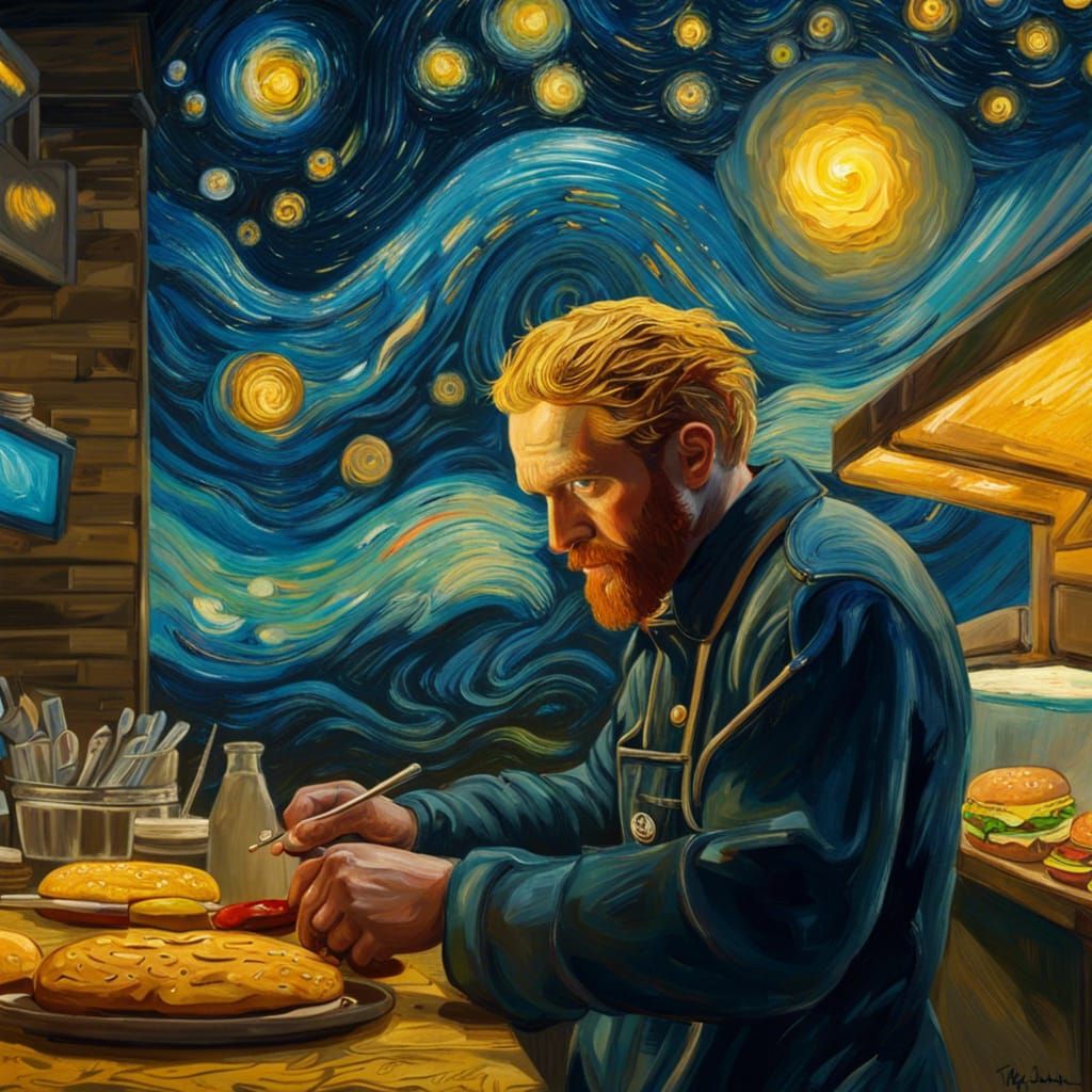 Van Gogh working at a Burger shop