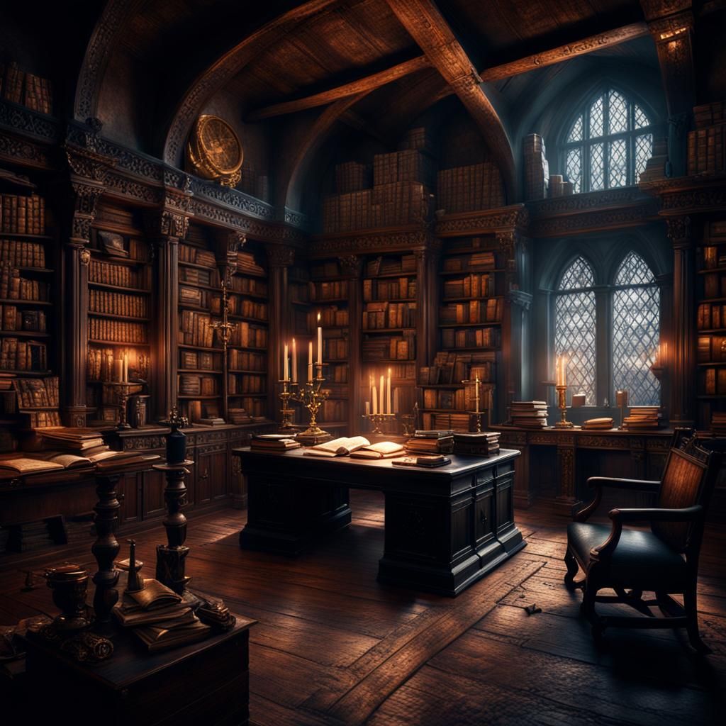 Dark Medieval Study with Books: Digital Matte Painting