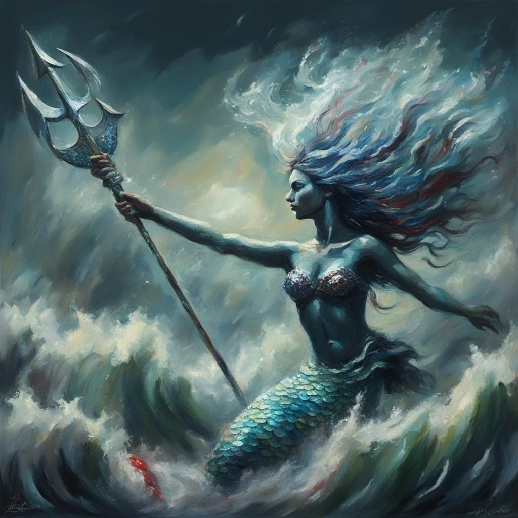 Red Mermaid with Trident in Expressionist Oil Painting