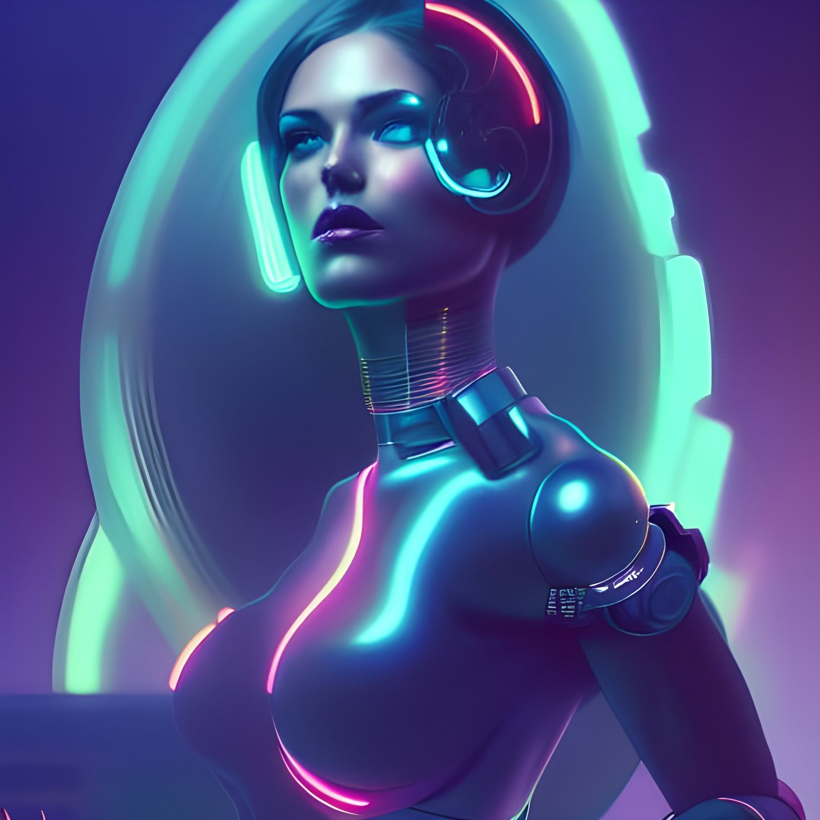Cyborg Vaporwave Woman in Neon, Detailed Portrait