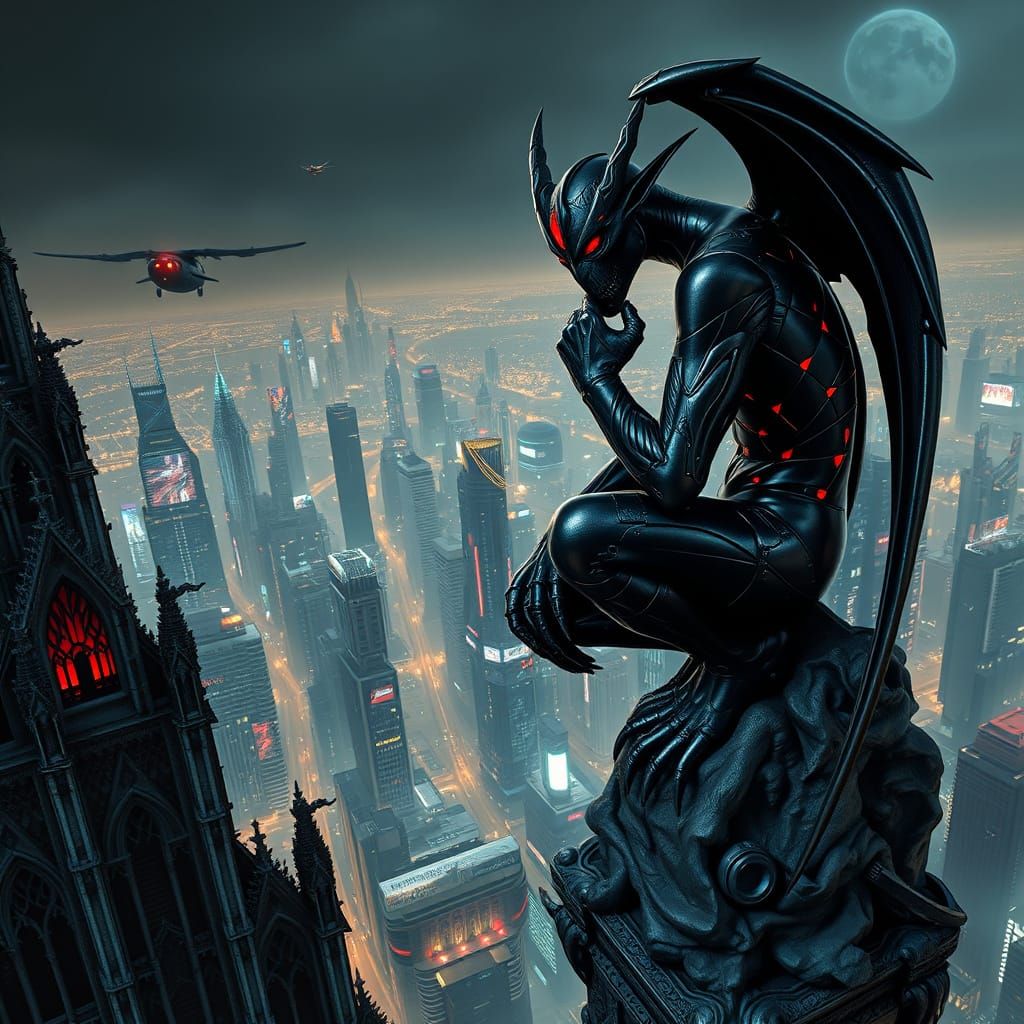Dark Fantasy Gargoyle Statue in Cyberpunk Cityscape