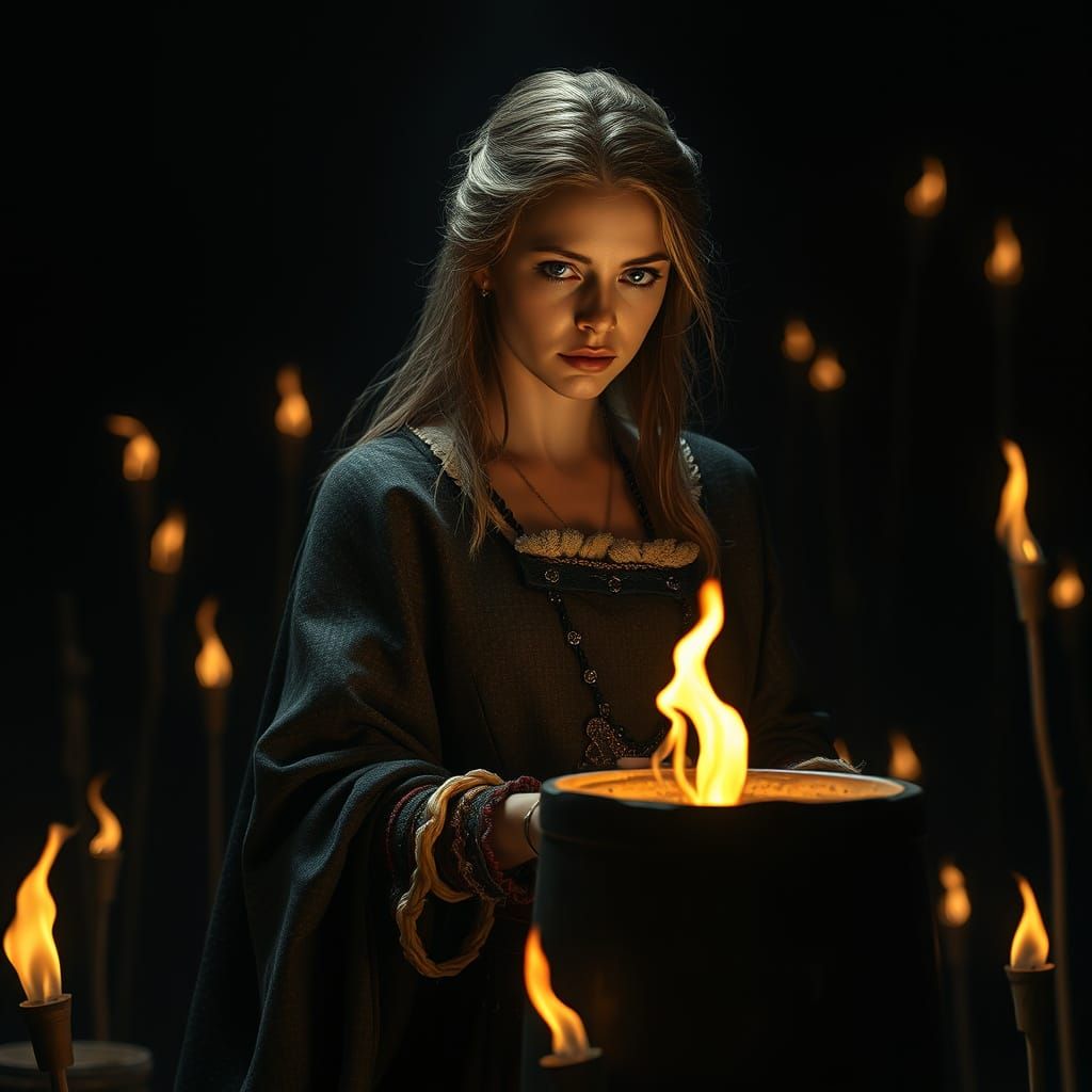 Mystical Angelic Woman in Dark, Straw-Like Setting