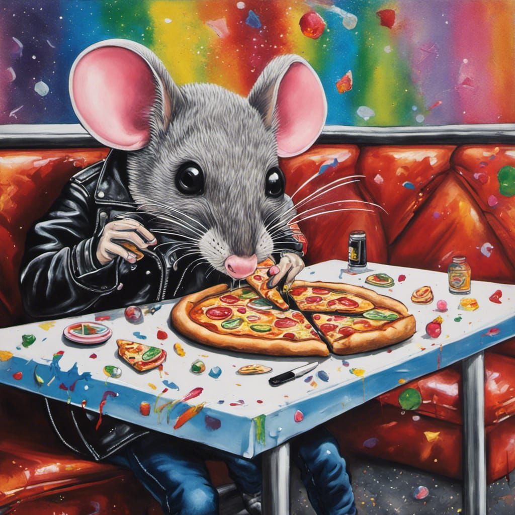 Mouse Eating Pizza in Graffiti Street Art Style