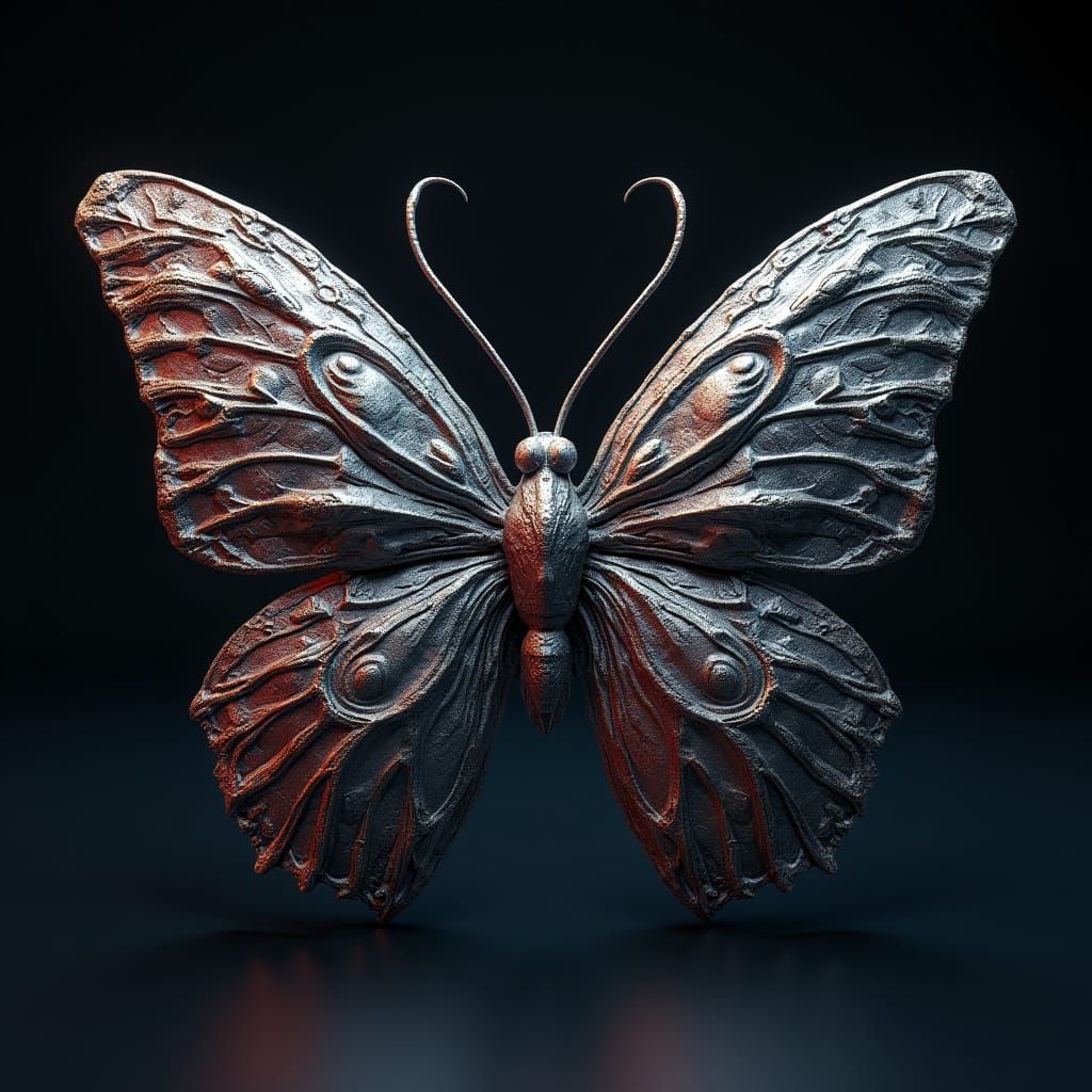 A hyper-detailed surreal sculpture of a butterfly, full-body view from a straight-on perspective. Its entire body and wi...