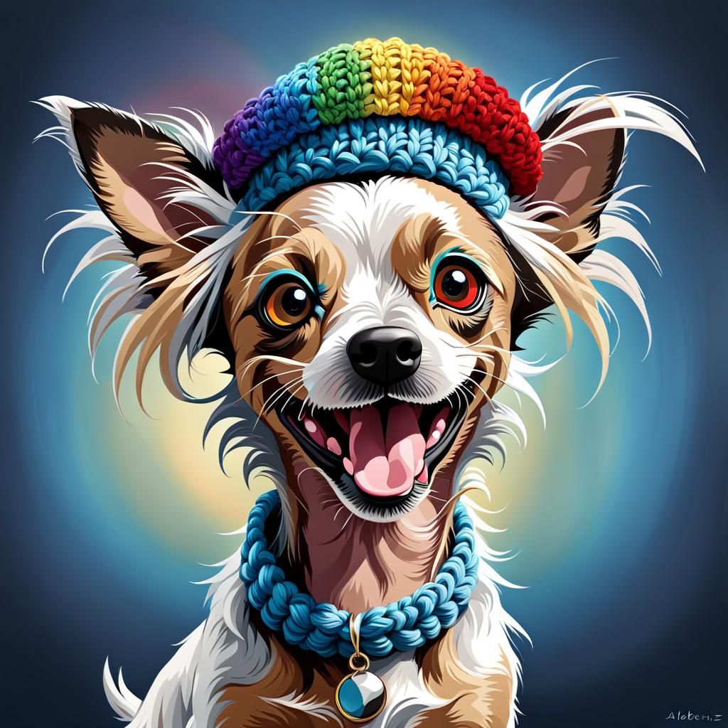 Funny Caricature of Dog with Rainbow Beret in Abstract Style