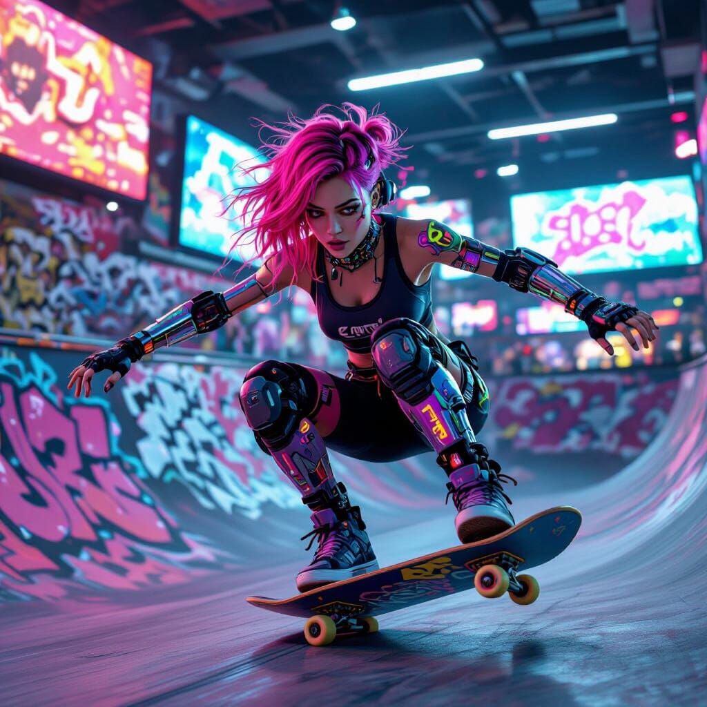 Cyberpunk Skater Girl Grinding in Neon Skatepark