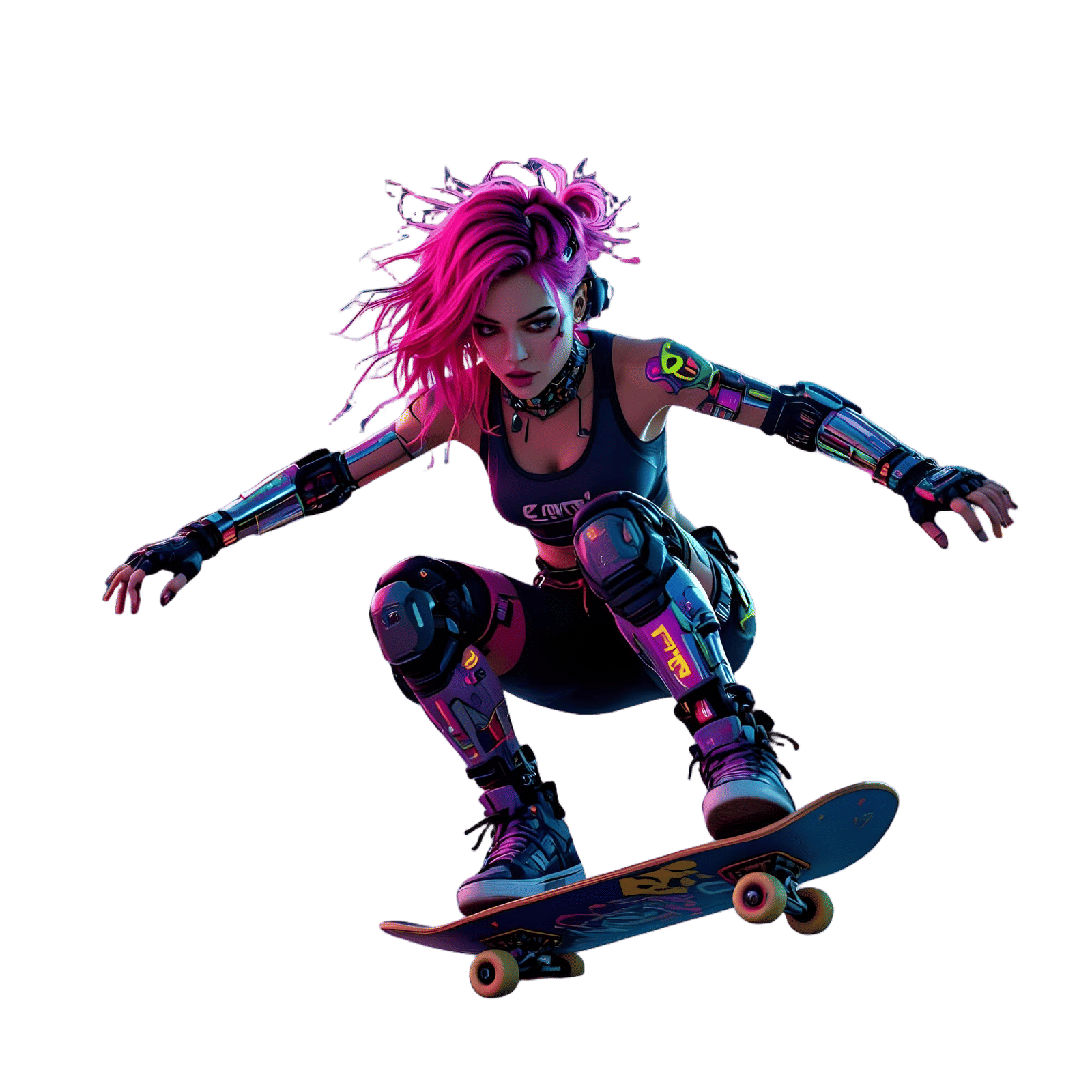 Cyberpunk Skateboarder Grinds in Neon Skatepark