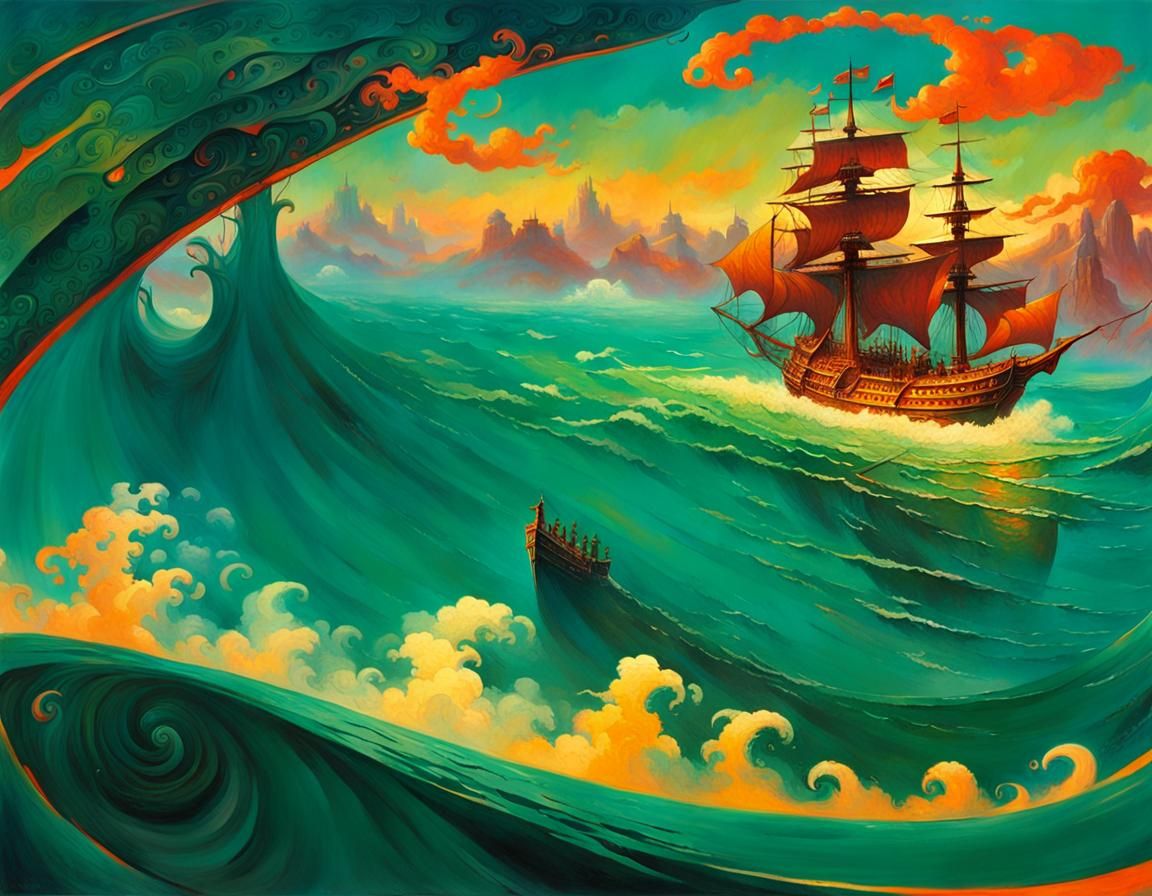 Samurai Corsair Ship on Aqua-Green Sunset Sea