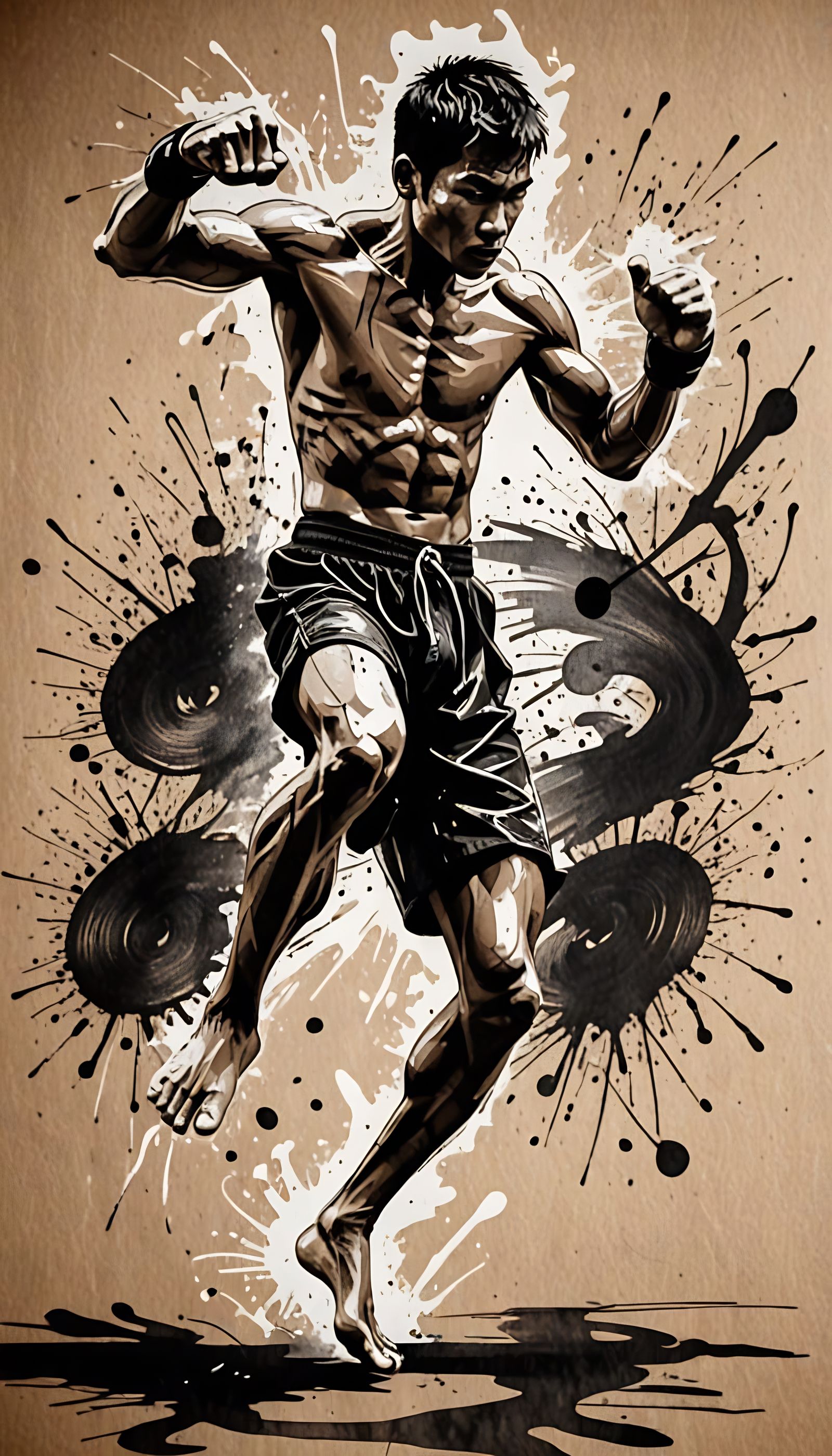 Muay thai fighter dancing, black old paper, ink art blanck and white, flying knee.