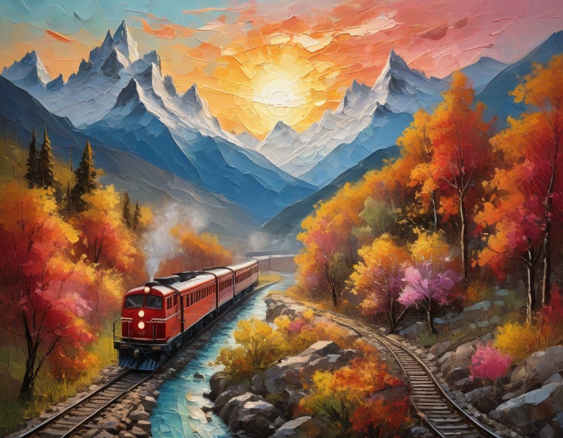 Vivid Red Steam Train Amidst Snowy Mountains and Castle