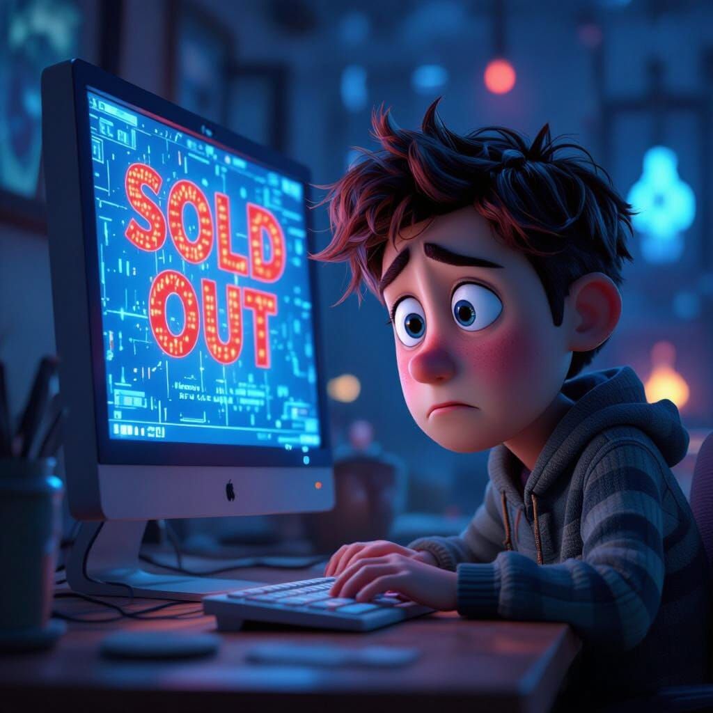 Sad Man Sees 'SOLD OUT' on Computer Screen in Pixar Style