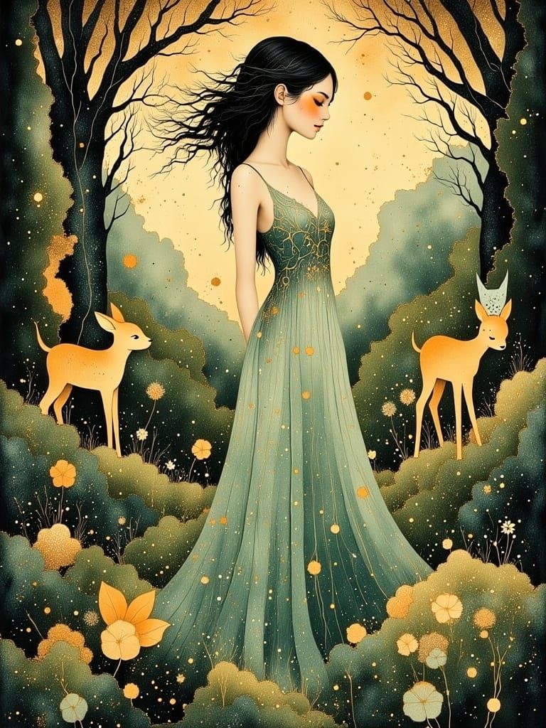 Whimsical Woodland Goddess in Dreamy Forest Landscape