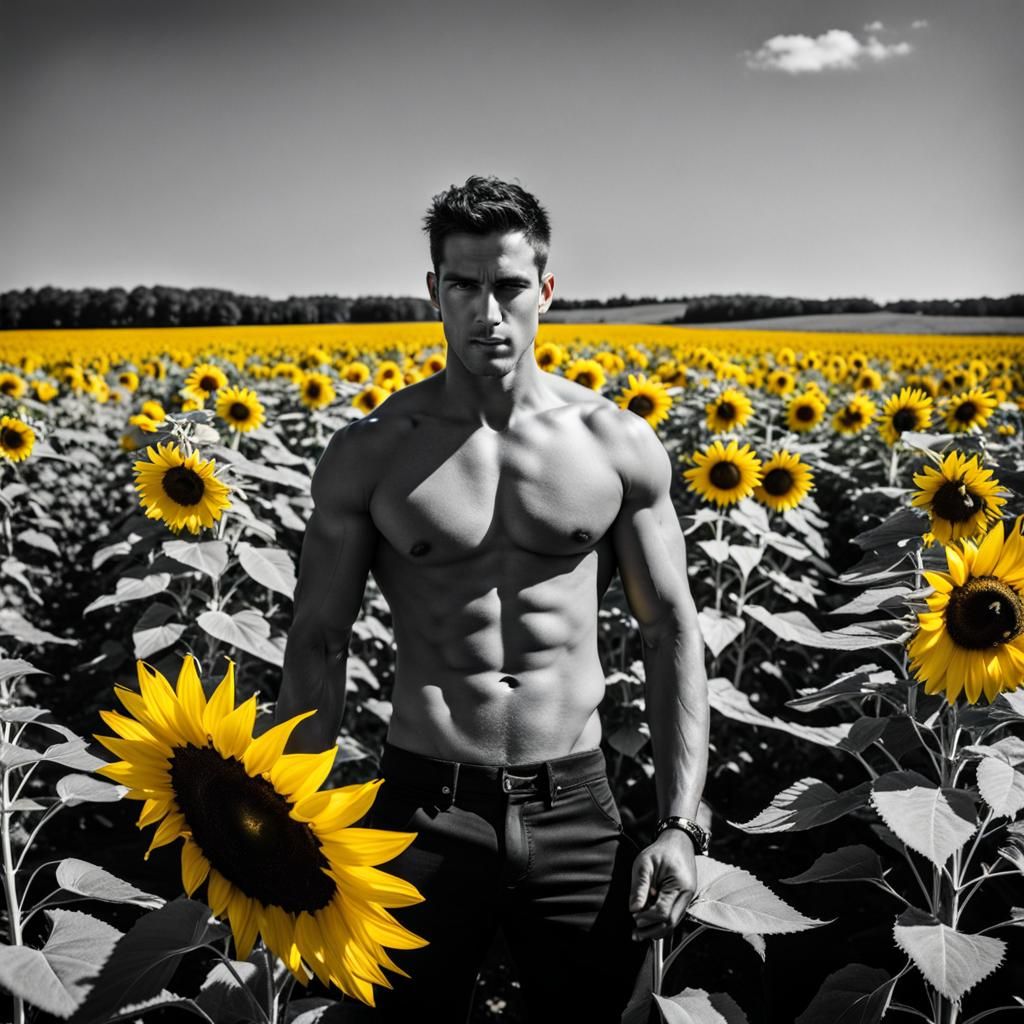 Man with Sunflower in Black and White Field
