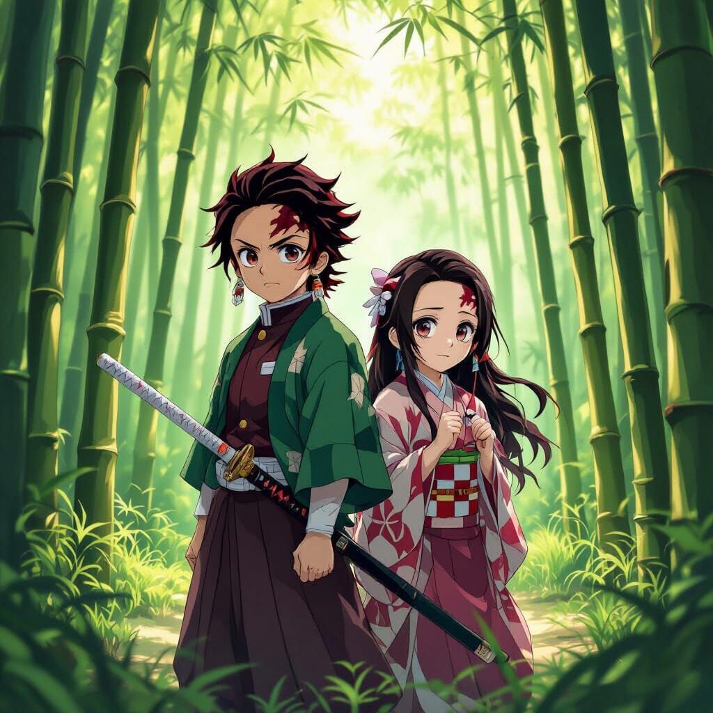 Tanjiro and Nezuko in Bamboo Forest Anime Style