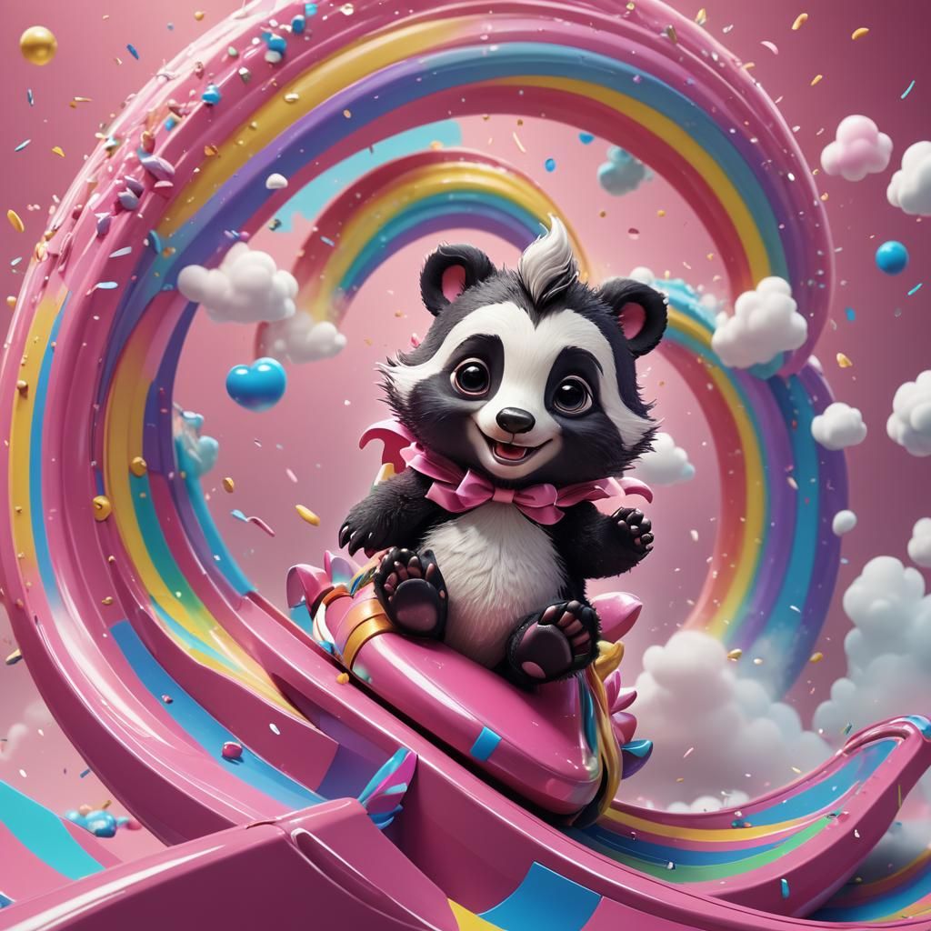 Cute Chibi Badger on Unicorn Rainbow Slide in 3D