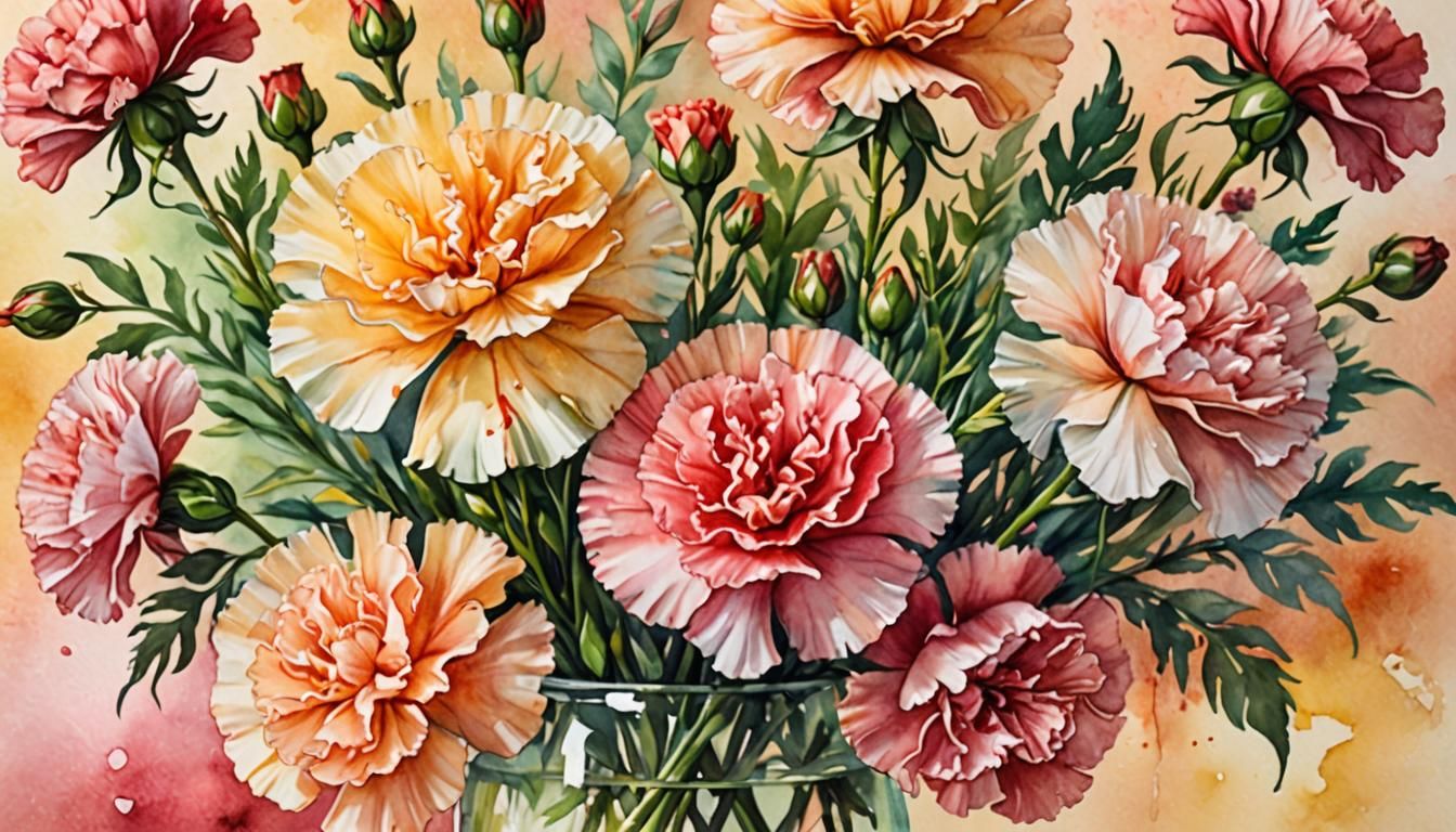 Vibrant Watercolor Carnations in Vase Arrangement