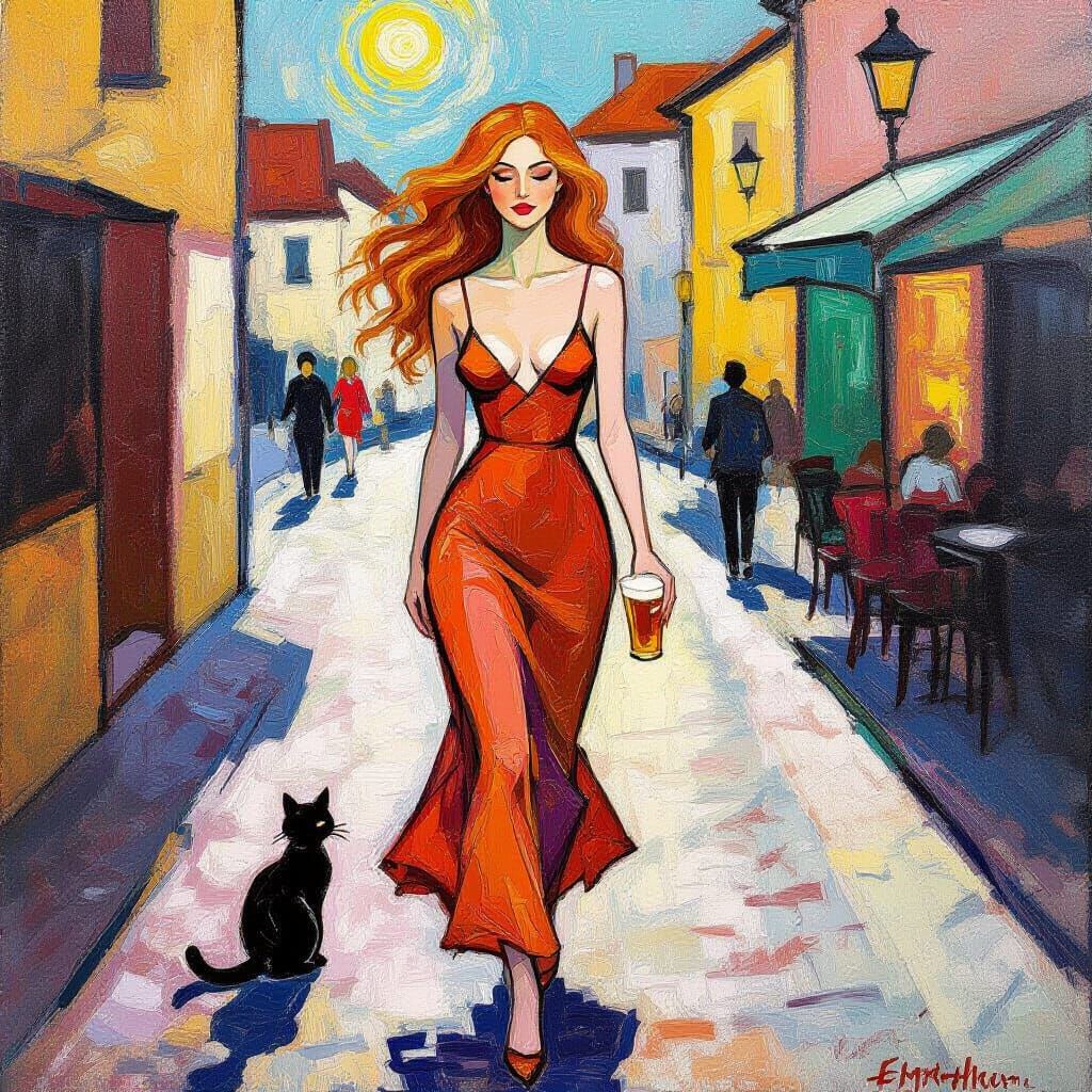 Ginger Woman with Cat, Neo-Impressionist Acrylic Painting