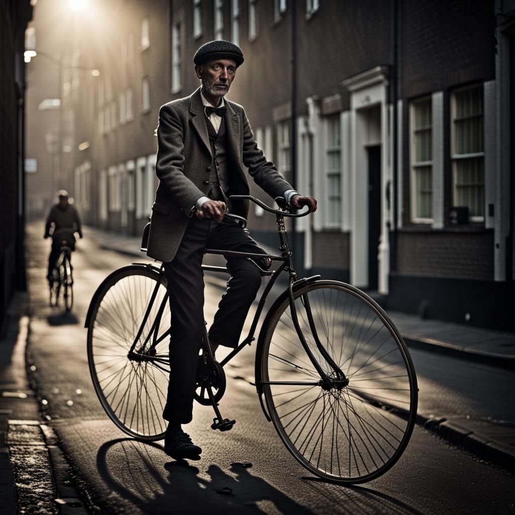 Man Rides Penny-Farthing in Atmospheric Lighting