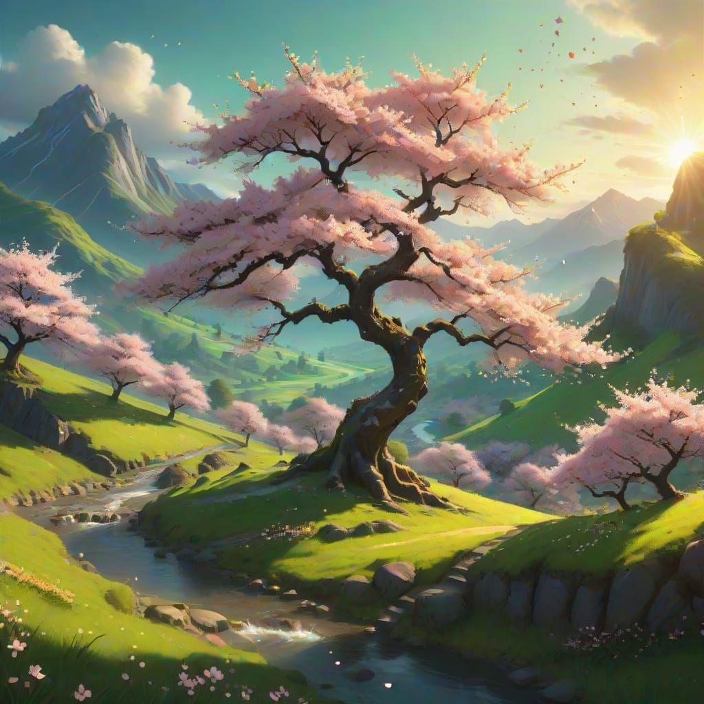 Radiant Cherry Blossom Tree in Golden Hour Valley