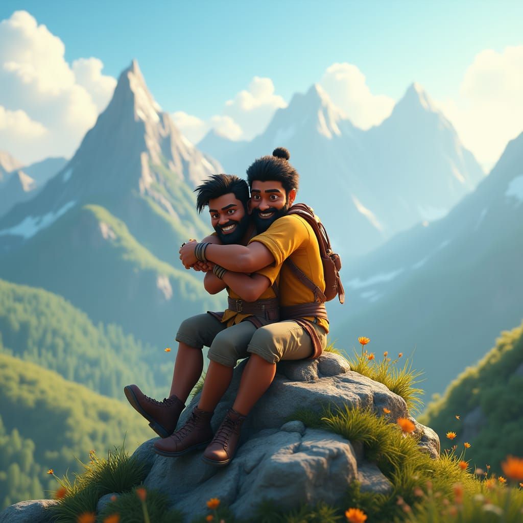 Friends Embrace Atop Mountain in 3D Animation Style