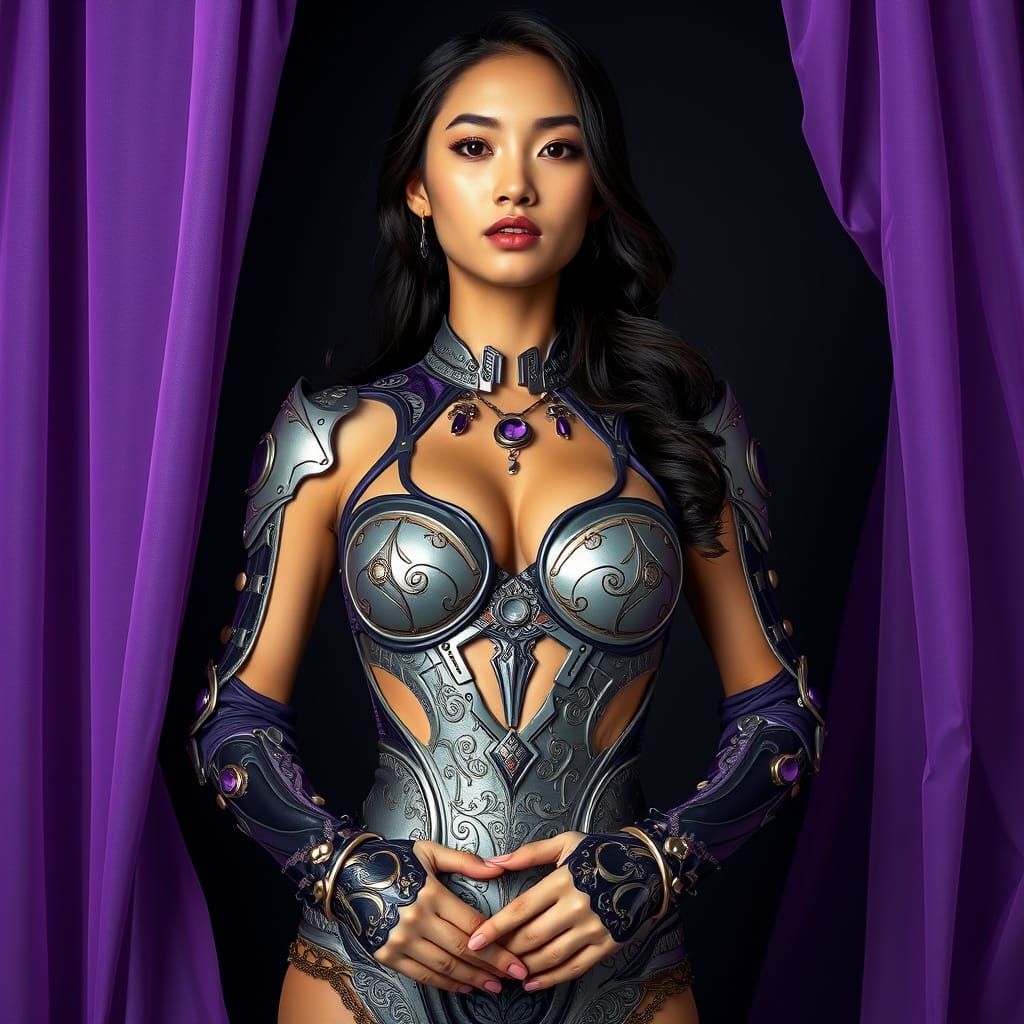 Filipina Woman in Futuristic Armor with Regal Backdrop