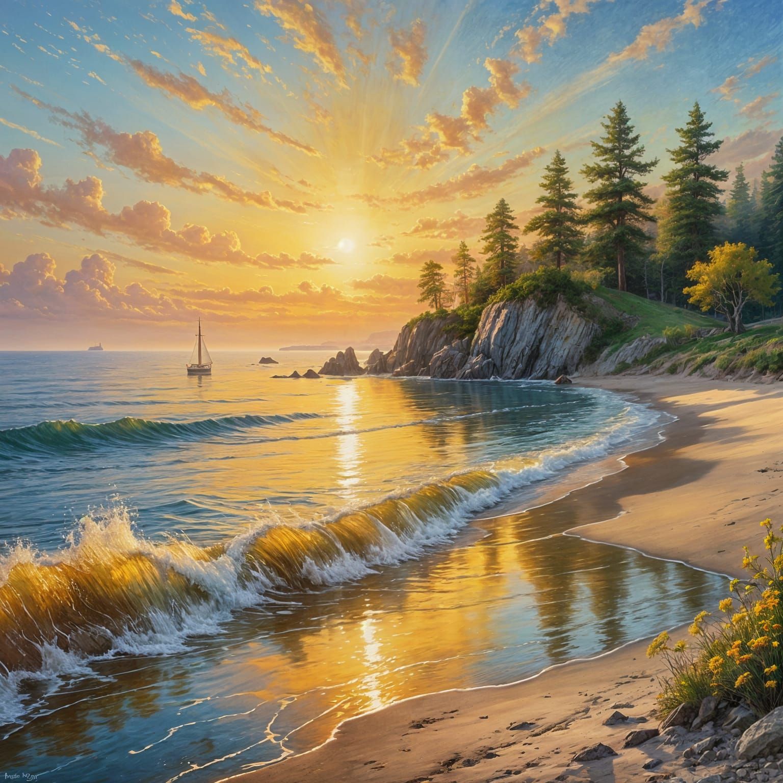 Peaceful Coastal Scene in Soft Impressionist Style