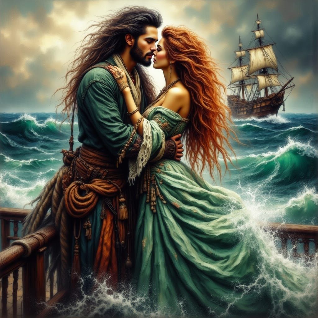 Pirate and Woman Embrace on Sinking Ship in Stormy Seas