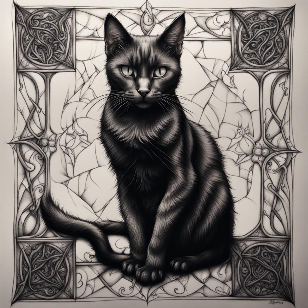Gothic Black Cat Blackwork Tattoo Sketch