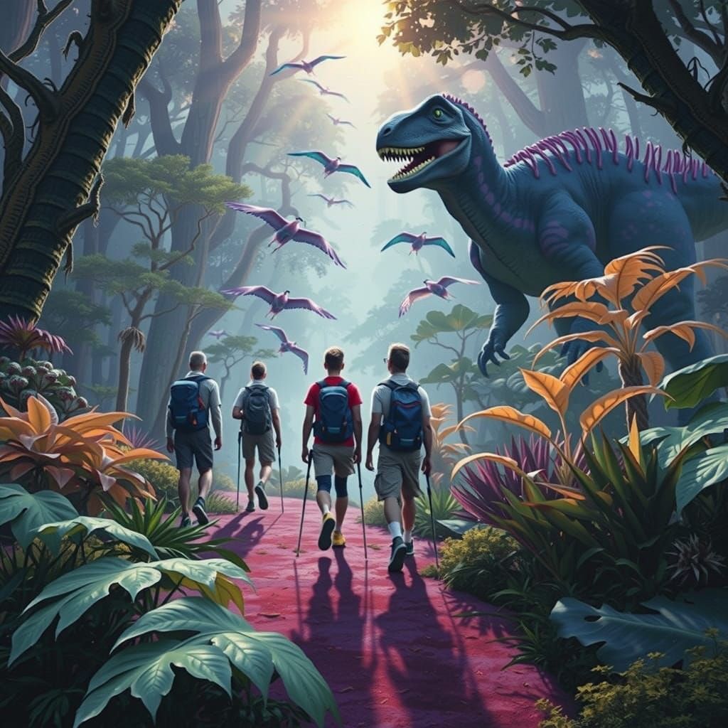 Hikers in Jurassic Forest at Dawn, Nostalgic Film Aesthetic