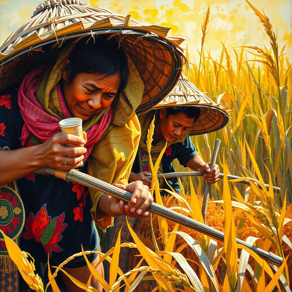 Rice Harvesters in the Philippines: Oil and Ink Art