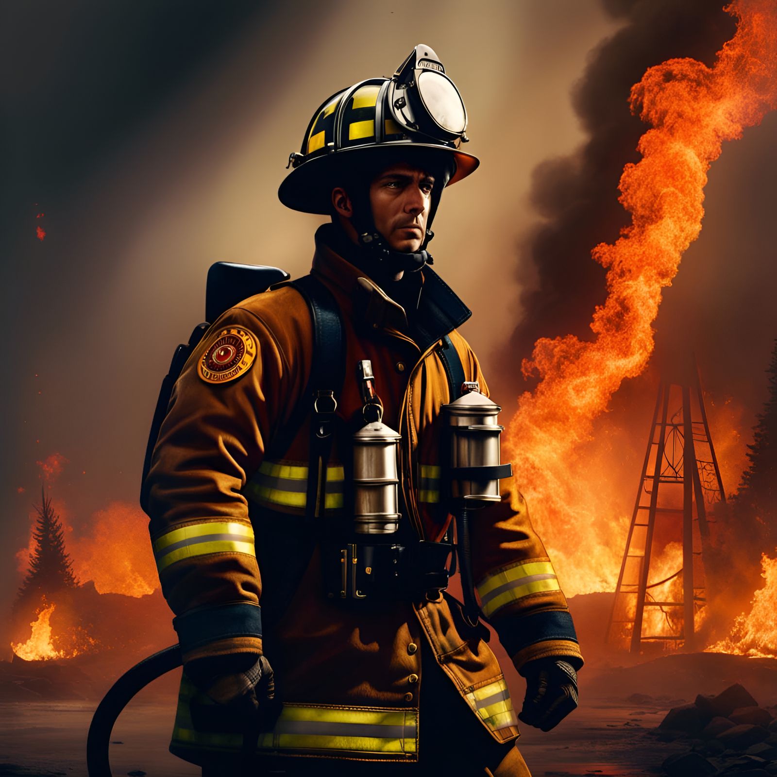 Firefighter Battling Flames: Digital Art Style